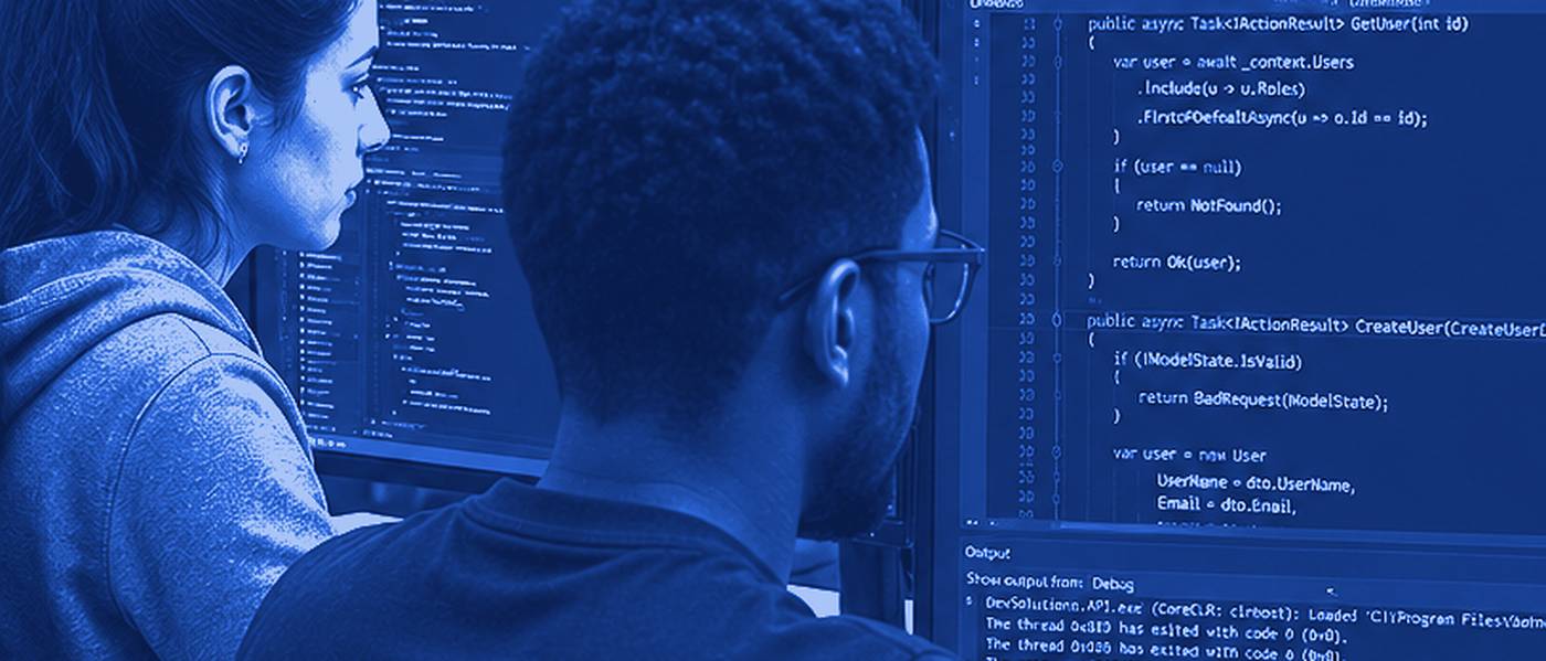 Colleagues reviewing a system architecture together